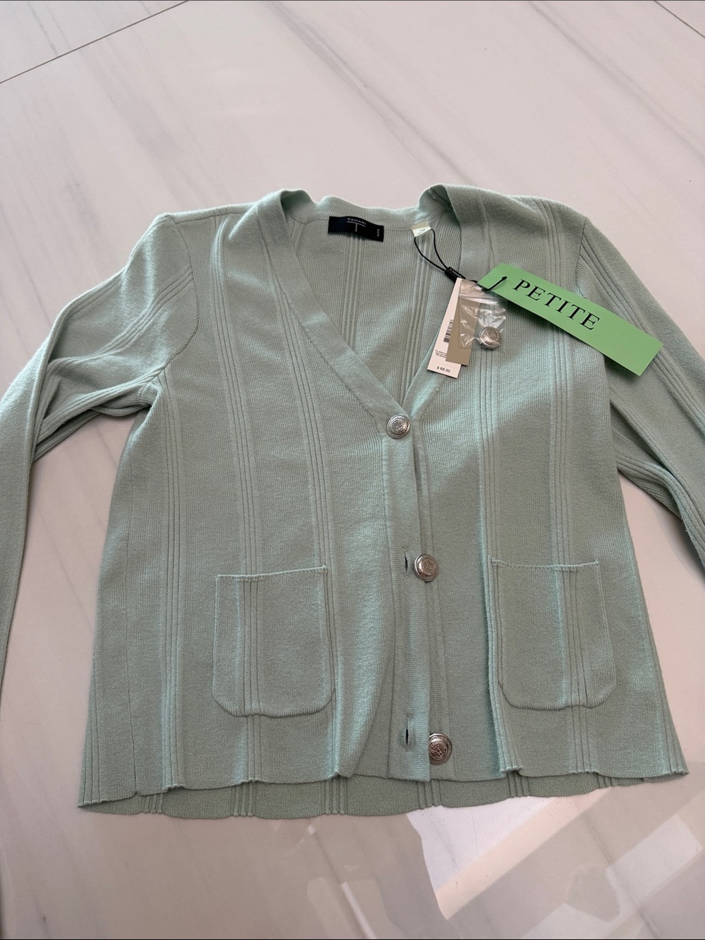 Tahari Petite Mint Green V-Neck Button Cardigan